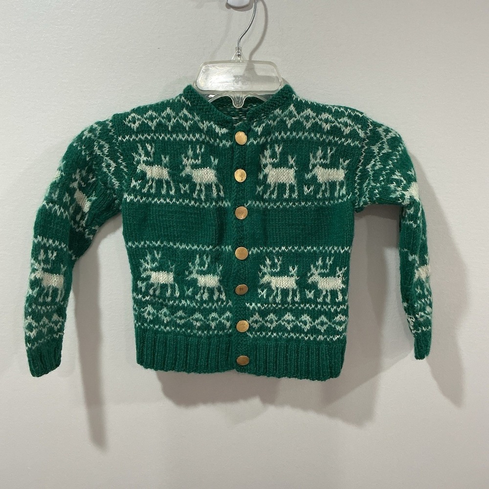 Vintage Hand Knit Deer Cardigan Sweater Child Fair Isle Nordic * See Measurement